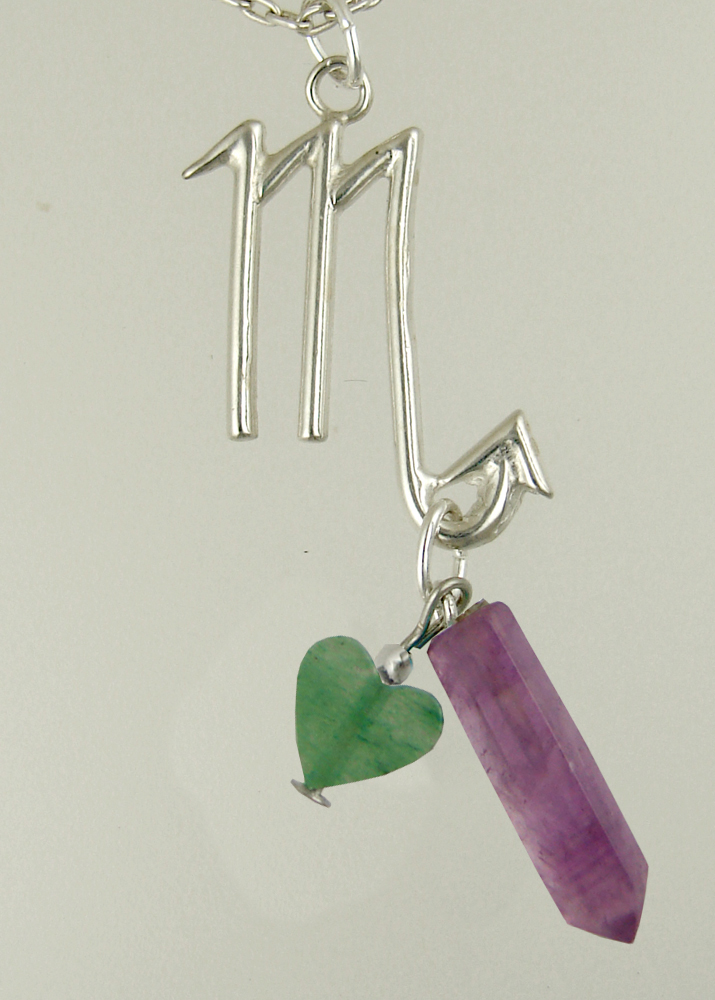 Sterling Silver Scorpio Pendant Necklace With an Amethyst Crystal And Green Heart